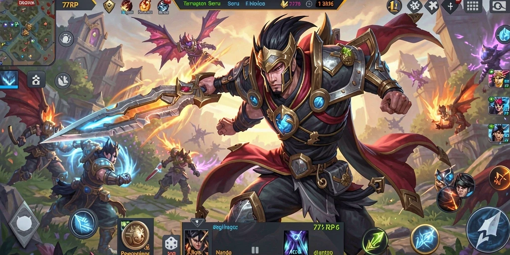 Tampilan seru aksi tim dalam permainan MOBA 77RP.