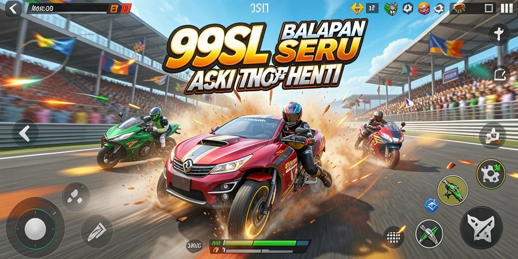 Tampilan gameplay balapan yang mendebarkan dengan mobil melaju cepat.
