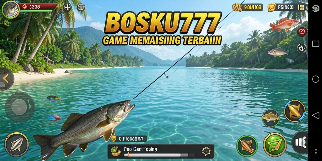 Screenshot gameplay menunjukkan momen menarik saat memancing.