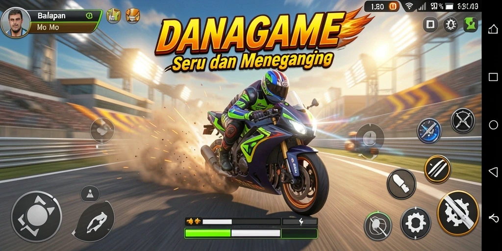 Tangkapan layar gameplay <strong>DANAGAME</strong> menampilkan aksi balapan motor yang mendebarkan.