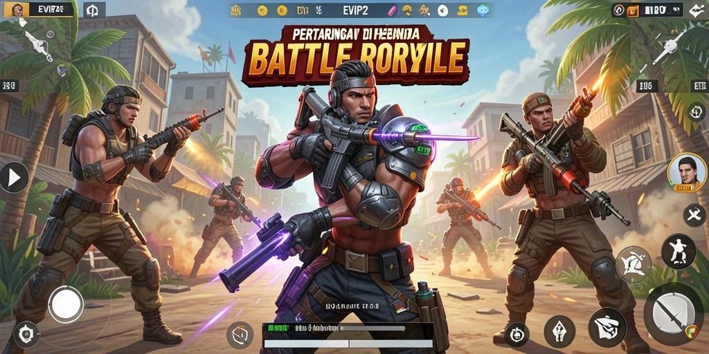 Screenshot utama EVIP2 menampilkan pertempuran menegangkan di arena Battle Royale.
