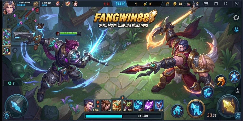 Screenshot gameplay FANGWIN88 menampilkan pertempuran seru antar tim MOBA.