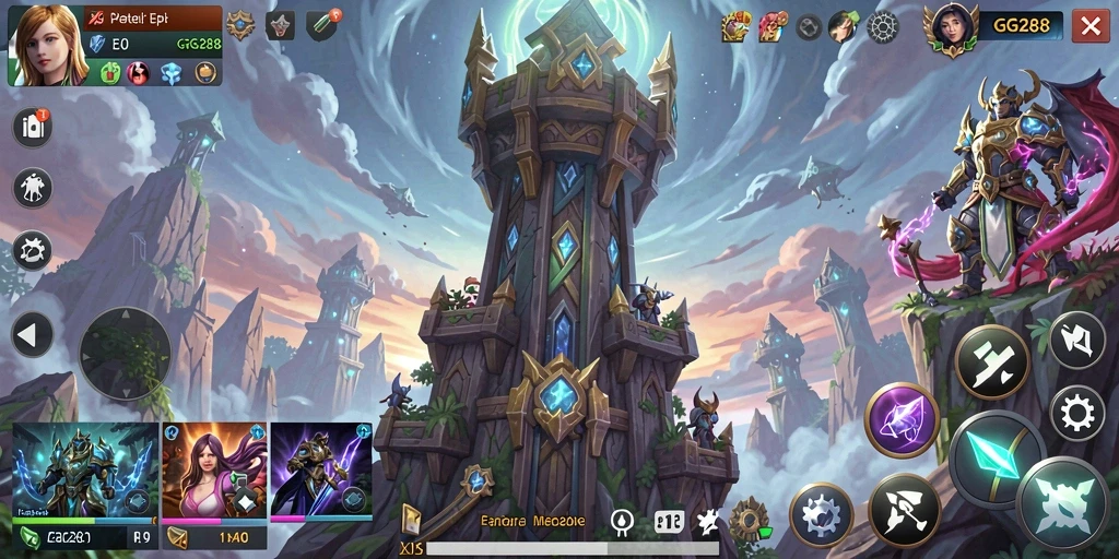 Tampilan gameplay GG288 dengan menara yang megah dan musuh yang menyerang.
