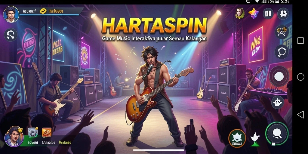 Tampilan seru gameplay HARTASPIN yang penuh warna dan interaksi musik.
