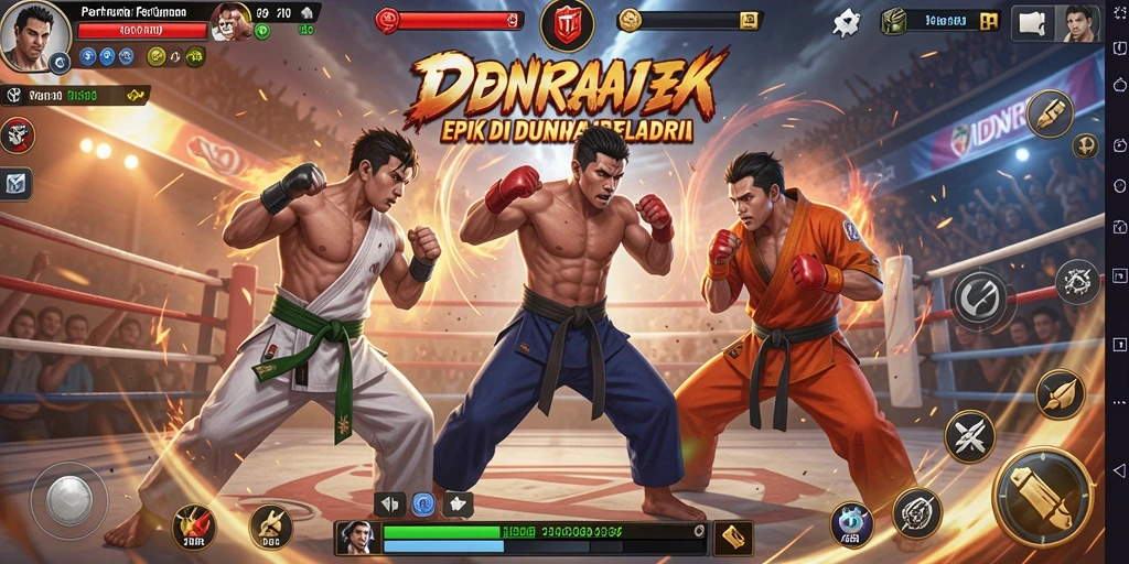 Tampilan seru pertarungan epik dalam IDNRAJA dengan karakter beragam.