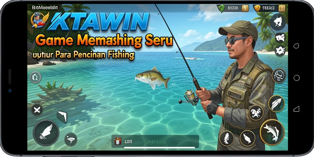 Screenshot KATAWIN menampilkan pemain yang sedang memancing di laut yang indah.
