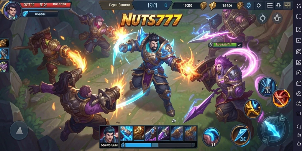 Screenshot gameplay NUTS777 menampilkan pertempuran seru antara para hero.