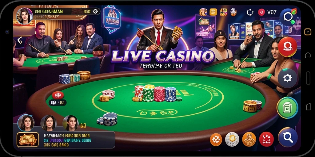 Screenshot V07 menampilkan dealer profesional dalam permainan Live Casino yang menarik.