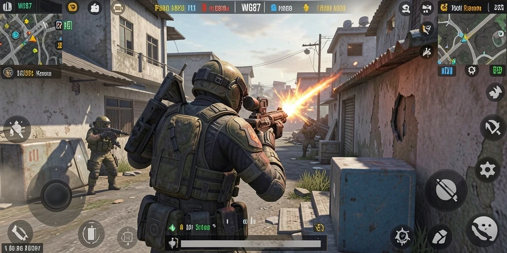 Screenshot dari gameplay intens di WG87 dengan aksi menembak yang mendebarkan.