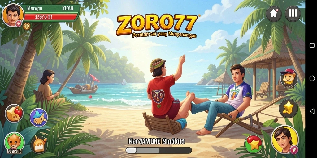 Screenshot gameplay ZORO77 yang menampilkan suasana bermain yang ceria.